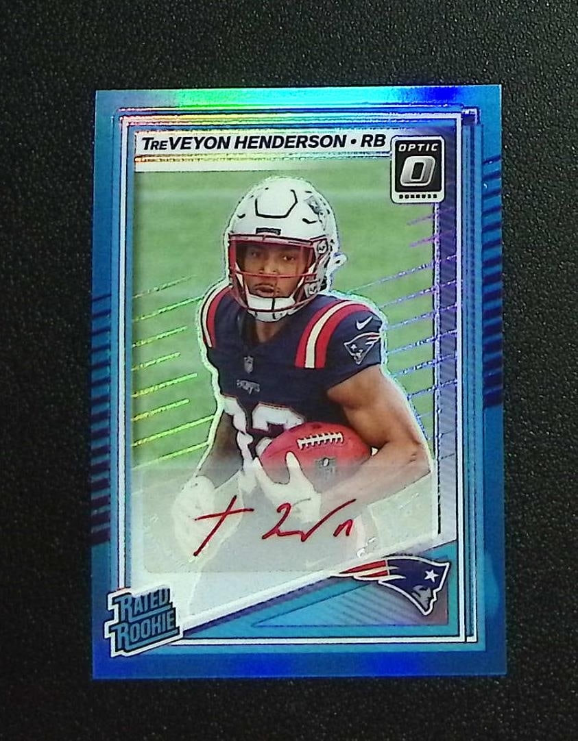 TreVeyon Henderson Rookie Neon Blue Prizm Auto /299 2025 Donruss Optic #248 Pats: Panini, Donruss Optic, & Donruss Select, Prizm, Mosaic, Contenders, Zenith, Phoenix, Illusions, Absolute, Rookie NFL Sports Trading Cards, SP, SSP, Cards, Football Cards for Sale Near Me, Superbowl & 
