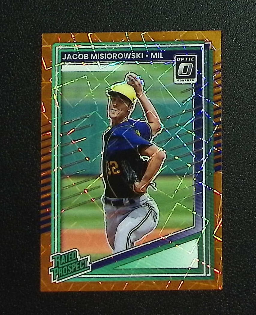 Jacob Misiorowski Rated Prospect Orange Velocity Prizm 2025 Donruss #128 Brewers: Panini, Donruss, & Donruss Optic Baseball MLB Trading & Sports Cards, Sports Cards for Sale Near Me, Prizm, Mosaic, Select, SP, SSP, Auction Memorabilia Lots for Sale On Line, World Series & Hall of F