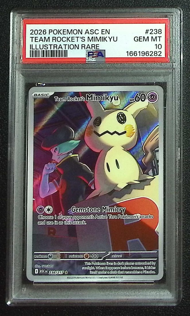 Pokemon Ascended Heroes Team Rocket's Mimikyu Illustration Rare #238 PSA 10: Pokemon Trading Card Game Cards, Charizard, Pikachu, Mewtwo, Reverse Holo, Holo Rare, Secret Rare Cards, Full Art Cards, Eevee, Ultra Rare Card, Illustration Rare, Special Illustration Rare SIR