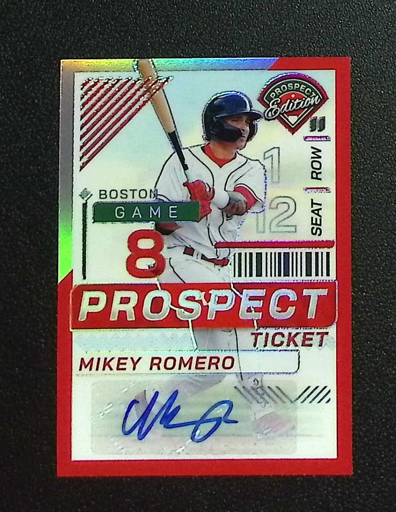 Mikey Romero Prospect Ticket Auto Red Prizm /199 2024 Panini Prospect Edition #79: Panini, Donruss, & Donruss Optic Baseball MLB Trading & Sports Cards, Sports Cards for Sale Near Me, Prizm, Mosaic, Select, SP, SSP, Auction Memorabilia Lots for Sale On Line, World Series & Hall of F