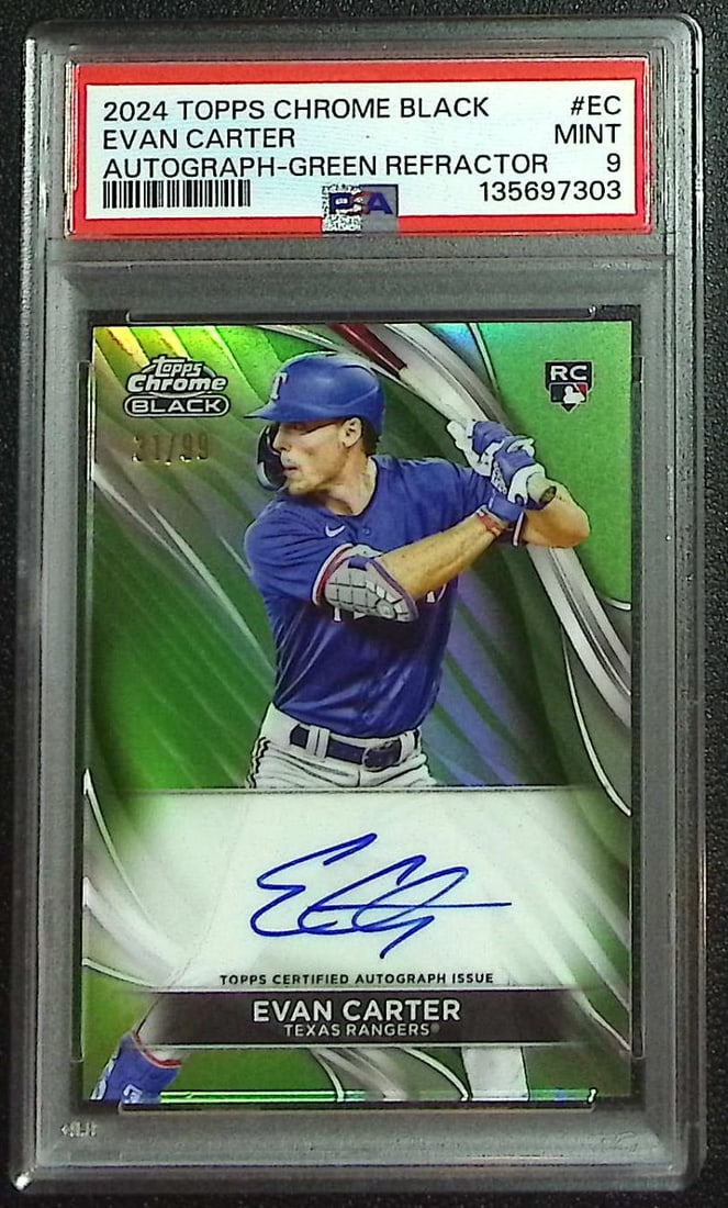 Evan Carter Rookie Green Refractor Auto /99 2024 Topps Chrome Black #CBA-EC PSA 9: Topps, Bowman, & Fanatics Baseball MLB Trading & Sports Cards, Sports Cards for Sale Near Me, World Series & Hall of Fame Players Memorabilia, Refractors, X-Fractors, Numbered, SP, SSP, Valuable Aucti