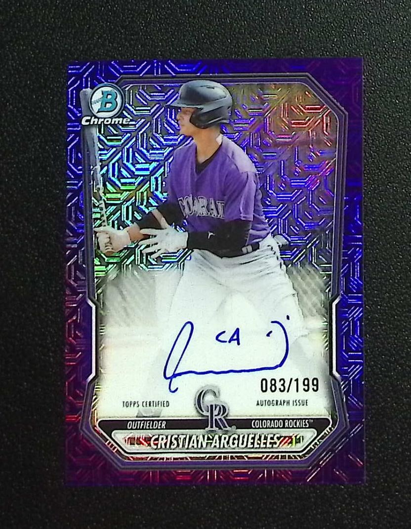 Cristian Arguelles Prospects Purple Mojo Auto /199 2026 Bowman Chrome #BMA-CA: Topps, Bowman, & Fanatics Baseball MLB Trading & Sports Cards, Sports Cards for Sale Near Me, World Series & Hall of Fame Players Memorabilia, Refractors, X-Fractors, Numbered, SP, SSP, Valuable Aucti