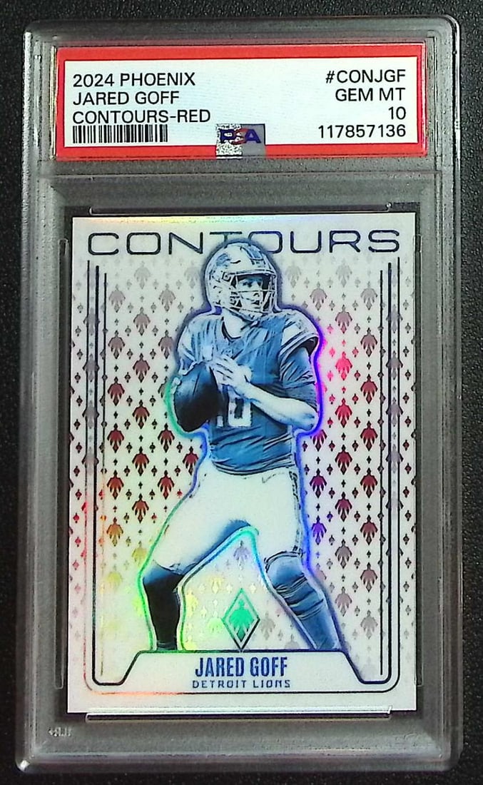 Jared Goff Contours Red /99 2024 Panini Phoenix #CON-JGF PSA 10 Detroit Lions: Panini, Donruss Optic, & Donruss Select, Prizm, Mosaic, Contenders, Zenith, Phoenix, Illusions, Absolute, Rookie NFL Sports Trading Cards, SP, SSP, Cards, Football Cards for Sale Near Me, Superbowl & 