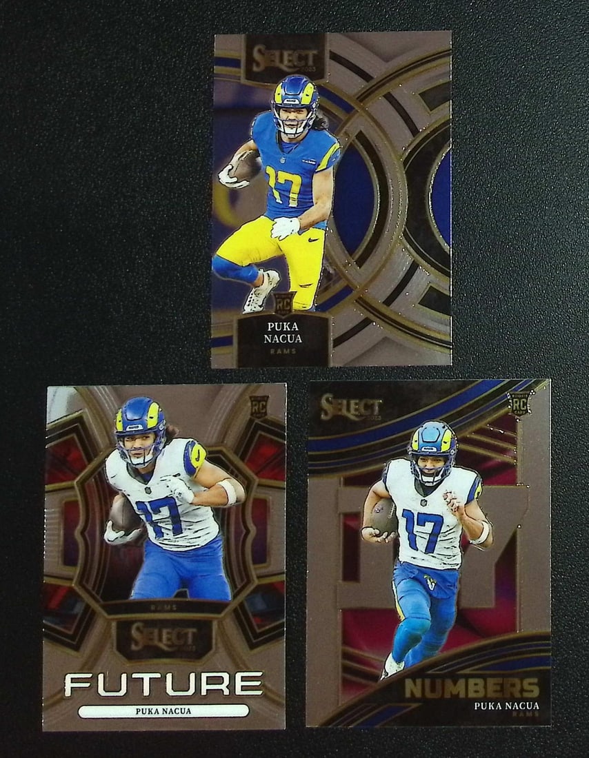 Lot of 3 Puka Nucua Rookie Cards 2023 Select Premier Level, Future, Numbers. Rams: Panini, Donruss Optic, & Donruss Select, Prizm, Mosaic, Contenders, Zenith, Phoenix, Illusions, Absolute, Rookie NFL Sports Trading Cards, SP, SSP, Cards, Football Cards for Sale Near Me, Superbowl & 