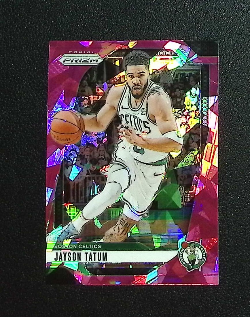 Jayson Tatum Pink Cracked Ice 2024-25 Panini Prizm #103 Boston Celtics: Panini, Donruss Optic, Donruss Select, Prizm, Mosaic, Contenders, Revolution, Phoenix, NBA Hoops, Rookie NFL Sports Trading Cards, Silver, SP, SSP, Wave Prizms, Numbered Cards, Basketball sports