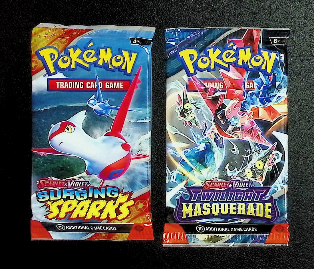 2 COUNT: 1 - Pokemon Surging Sparks & 1 - Twilight Masquerade Booster Packs: Pokemon Trading Card Game Cards, Charizard, Pikachu, Mewto, EX, Referse Holo, Holo Rare Cards, Secret Rare Cards, Full Art Cards, Evee, 3 Stars Ultra Rare Cards, Double Rare, Illustration Rare, Specia