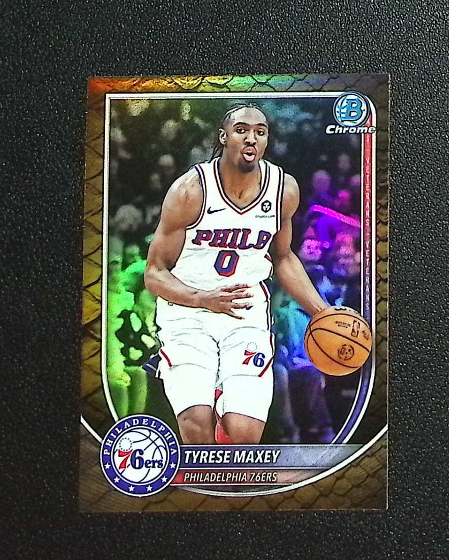 Tyrese Maxey Reptilian Refractor 2025-26 Bowman Chrome #BCV-66 Philadelphia 76ers: Topps & Bowman Basketball NBA Trading & Sports Cards, Sports Cards for Sale Near Me, Chrome, Refractor, SP, SSP, Valuable Auction Memorabilia Lots Sold On Line, NBA Championship & Hall of Fame Player 