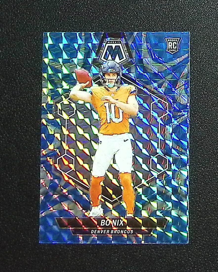 Bo Nix Rookie Card Blue Reactive Prizm 2024 Panini Mosaic #312 Denver Broncos: Panini, Donruss Optic, & Donruss Select, Prizm, Mosaic, Contenders, Zenith, Phoenix, Illusions, Absolute, Rookie NFL Sports Trading Cards, SP, SSP, Cards, Football Cards for Sale Near Me, Superbowl & 