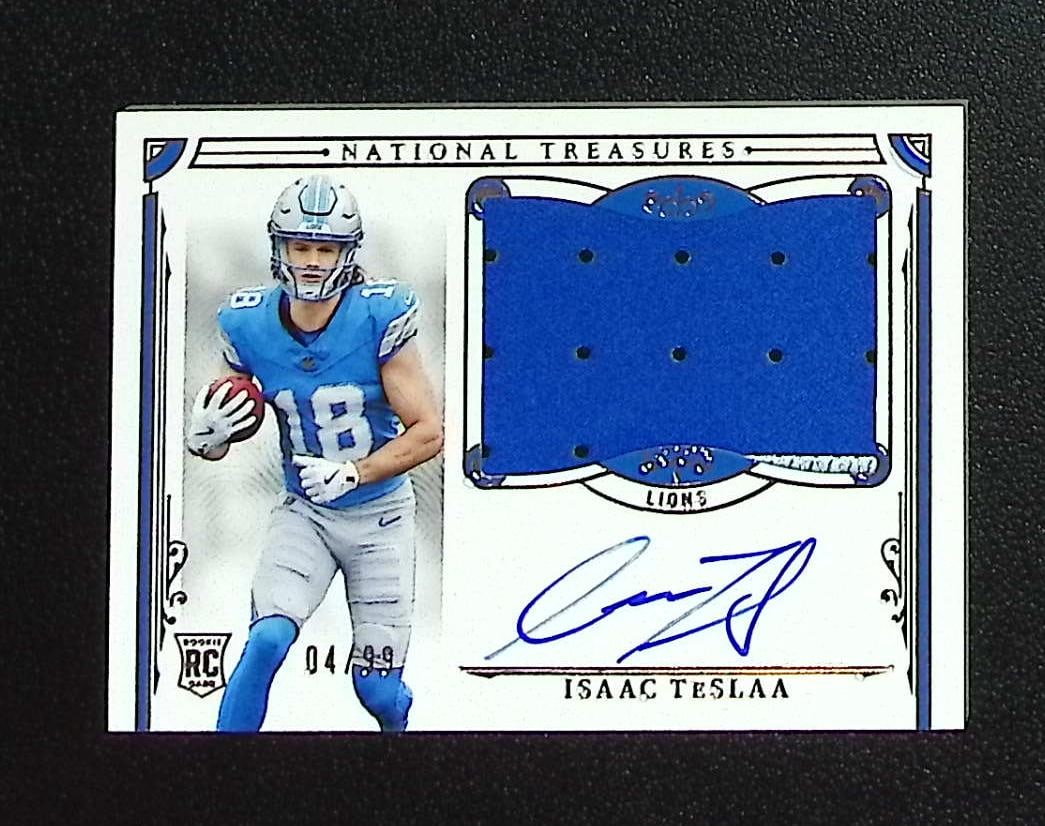 Isaac TeSlaa Rookie Patch Auto /99 2025 Panini National Treasures #189 Detroit Lions: Panini, Donruss Optic, & Donruss Select, Prizm, Mosaic, Contenders, Zenith, Phoenix, Illusions, Absolute, Rookie NFL Sports Trading Cards, SP, SSP, Cards, Football Cards for Sale Near Me, Superbowl & 