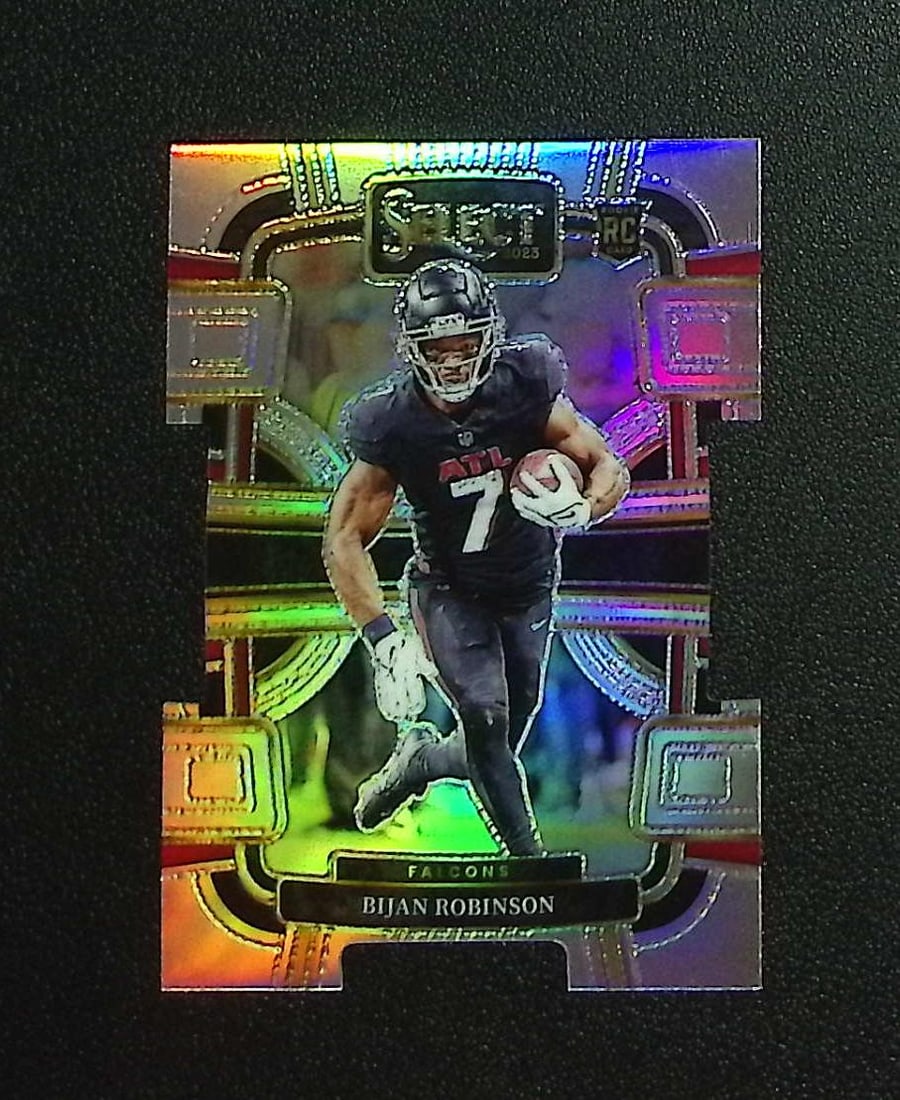 Bijan Robinson Rookie Card Silver Prizm Die Cut 2023 Select #4 Atlanta Falcons: Panini, Donruss Optic, & Donruss Select, Prizm, Mosaic, Contenders, Zenith, Phoenix, Illusions, Absolute, Rookie NFL Sports Trading Cards, SP, SSP, Cards, Football Cards for Sale Near Me, Superbowl & 