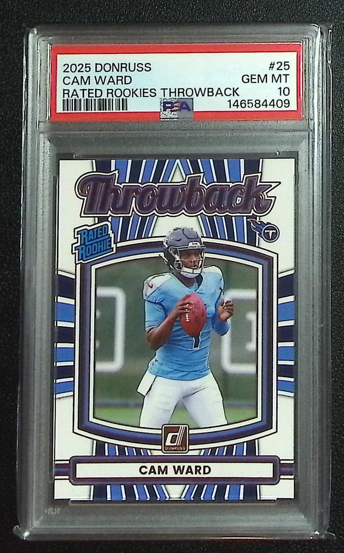 Cam Ward Rookie Card Throwback 2025 Donruss #25 PSA 10: Panini, Donruss Optic, & Donruss Select, Prizm, Mosaic, Contenders, Zenith, Phoenix, Illusions, Absolute, Rookie NFL Sports Trading Cards, SP, SSP, Cards, Football Cards for Sale Near Me, Superbowl & 