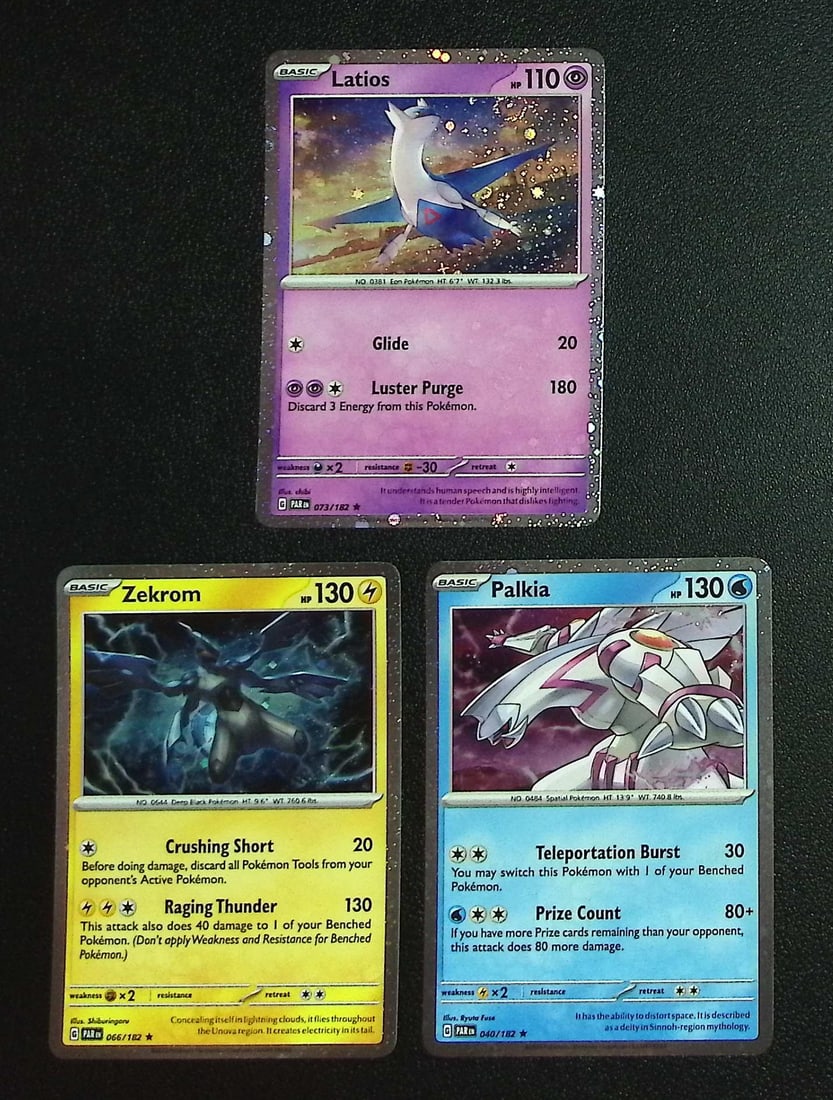 Lot of 3 Pokemon Cosmos Holos. Latios #73, Zekrom #66, Palkia #40: Pokemon Trading Card Game Cards, Charizard, Pikachu, Mewtwo, Reverse Holo, Holo Rare, Secret Rare Cards, Full Art Cards, Eevee, Ultra Rare Card, Illustration Rare, Special Illustration Rare SIR