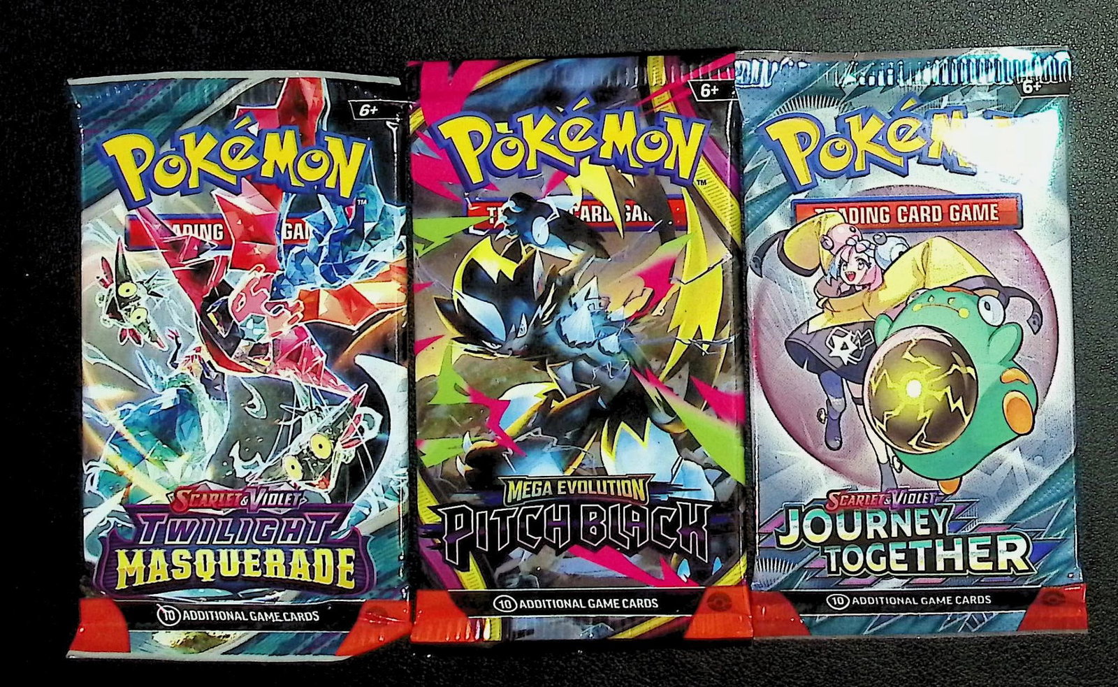 3 COUNT: 1 - Pokemon Journey Together, 1 - Pitch Black, & 1 - Twilight Masquerade Booster Packs: Pokemon Trading Card Game Cards, Charizard, Pikachu, Mewto, EX, Referse Holo, Holo Rare Cards, Secret Rare Cards, Full Art Cards, Evee, 3 Stars Ultra Rare Cards, Double Rare, Illustration Rare, Specia