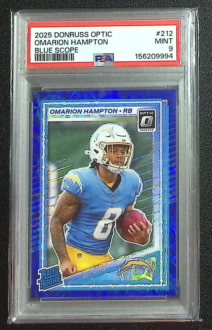Omarion Hampton Rookie Blue Scope 2025 Donruss Optic #212 PSA 9 POP 5 Only 3 Higher: Panini, Donruss Optic, & Donruss Select, Prizm, Mosaic, Contenders, Zenith, Phoenix, Illusions, Absolute, Rookie NFL Sports Trading Cards, SP, SSP, Cards, Football Cards for Sale Near Me, Superbowl & 