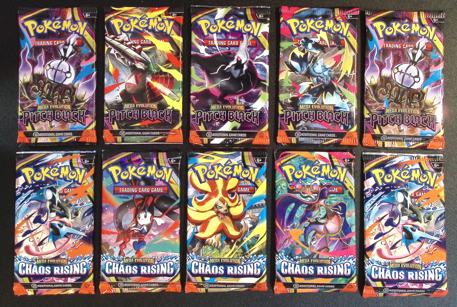 Lot of 10 Pokemon Booster Packs. 5 Pitch Black & 5 Chaos Rising: Pokemon Trading Card Game Cards, Charizard, Pikachu, Mewtwo, Reverse Holo, Holo Rare, Secret Rare Cards, Full Art Cards, Eevee, Ultra Rare Card, Illustration Rare, Special Illustration Rare SIR