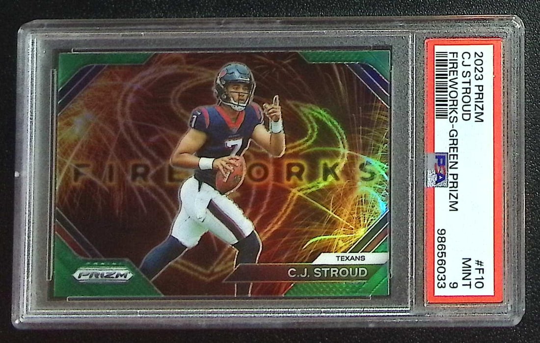 Cj Stroud Rookie Card Fireworks Green Prizm 2023 Prizm #F-10 PSA 9 Houston Texans: Panini, Donruss Optic, & Donruss Select, Prizm, Mosaic, Contenders, Zenith, Phoenix, Illusions, Absolute, Rookie NFL Sports Trading Cards, SP, SSP, Cards, Football Cards for Sale Near Me, Superbowl & 
