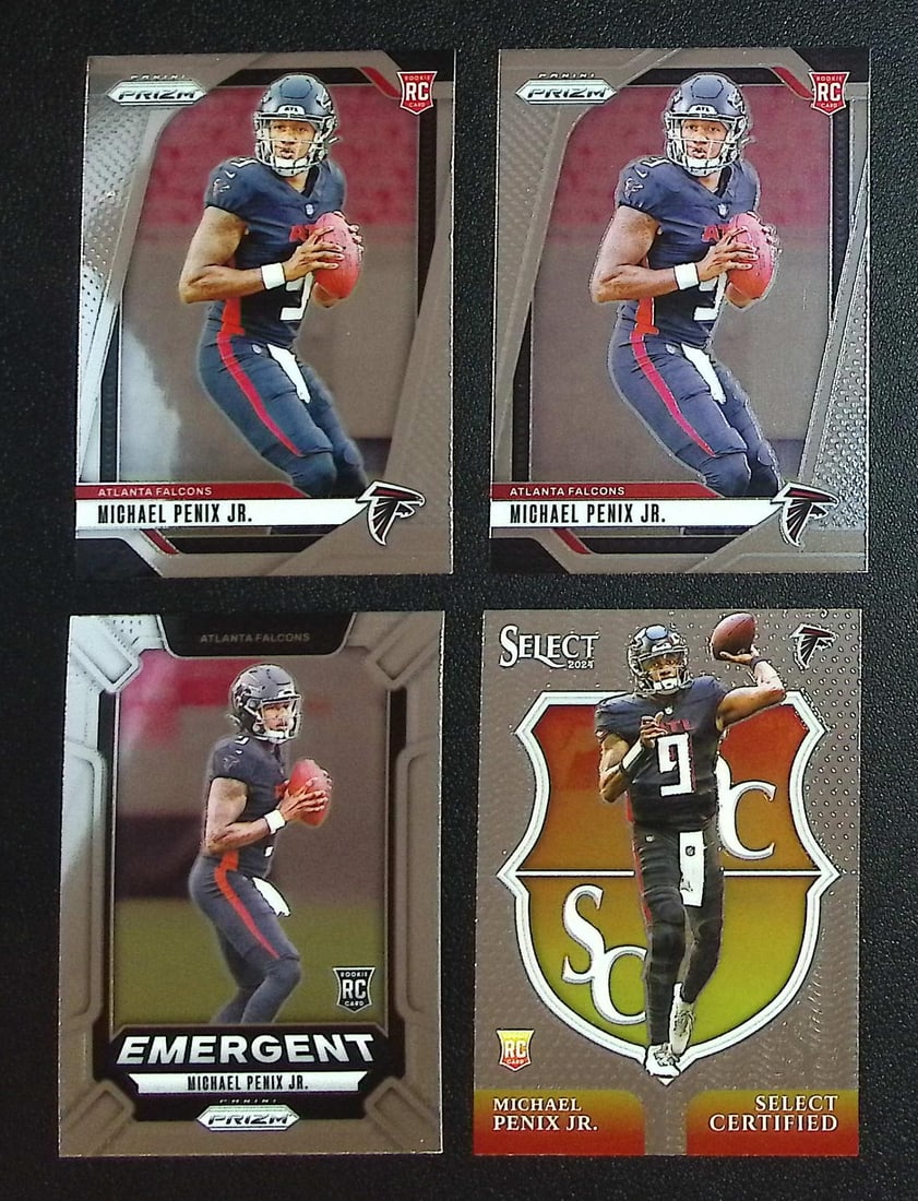 Lot of 4 Michael Penix Jr. Rookie Cards. Panini Prizm & Select. See Pictures. Atlanta Falcons: Panini, Donruss Optic, & Donruss Select, Prizm, Mosaic, Contenders, Zenith, Phoenix, Illusions, Absolute, Rookie NFL Sports Trading Cards, SP, SSP, Cards, Football Cards for Sale Near Me, Superbowl & 