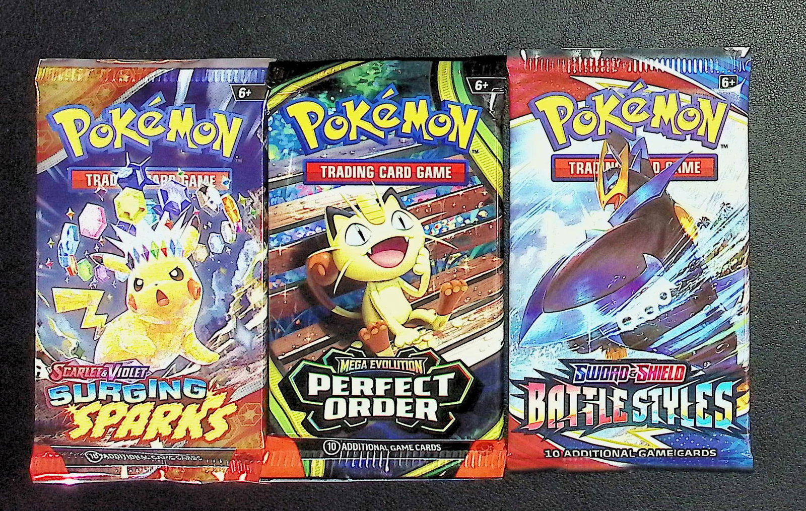 3 COUNT: 1 - Pokemon Battle Styles, 1 - Perfect Order, & 1 - Surging Sparks: Pokemon Trading Card Game Cards, Charizard, Pikachu, Mewto, EX, Referse Holo, Holo Rare Cards, Secret Rare Cards, Full Art Cards, Evee, 3 Stars Ultra Rare Cards, Double Rare, Illustration Rare,