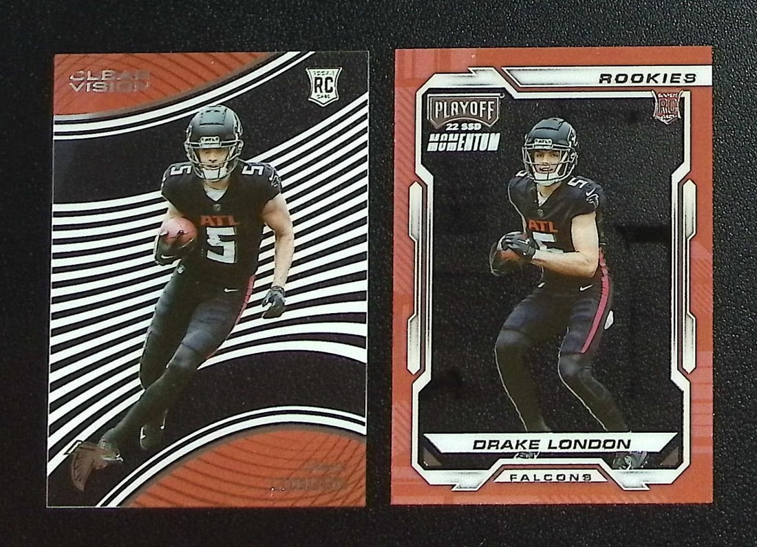 Lot of 2 Drake London Acetate Rookie Cards 2022 Chronicles #CVR-17 & #PMR-6. Falcons: Panini, Donruss Optic, & Donruss Select, Prizm, Mosaic, Contenders, Zenith, Phoenix, Illusions, Absolute, Rookie NFL Sports Trading Cards, SP, SSP, Cards, Football Cards for Sale Near Me, Superbowl & 
