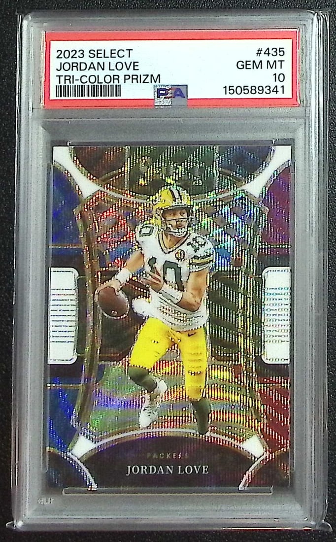 Jordan Love Tri-Color Prizm /149 2023 Panini Select #435 PSA 10: Panini, Donruss Optic, & Donruss Select, Prizm, Mosaic, Contenders, Zenith, Phoenix, Illusions, Absolute, Rookie NFL Sports Trading Cards, SP, SSP, Cards, Football Cards for Sale Near Me, Superbowl & 
