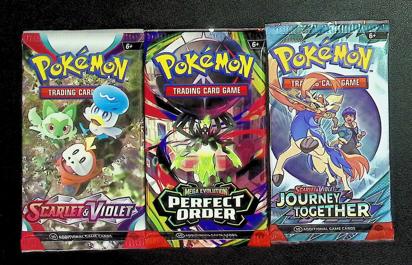 3 COUNT: 1 - Pokemon Mega Evolution, 1 - Perfect Order, & 1 - Scarlet & Violet Booster Packs: Pokemon Trading Card Game Cards, Charizard, Pikachu, Mewto, EX, Referse Holo, Holo Rare Cards, Secret Rare Cards, Full Art Cards, Evee, 3 Stars Ultra Rare Cards, Double Rare, Illustration Rare, Specia