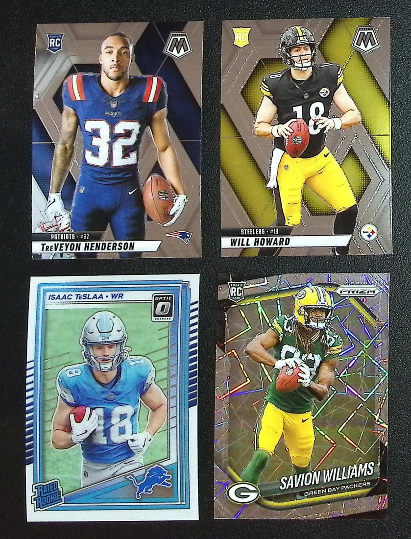 Lot of 4 2025 NFL Rookie Cards. All Panini, All Different, See Pictures: Panini, Donruss Optic, & Donruss Select, Prizm, Mosaic, Contenders, Zenith, Phoenix, Illusions, Absolute, Rookie NFL Sports Trading Cards, SP, SSP, Cards, Football Cards for Sale Near Me, Superbowl & 