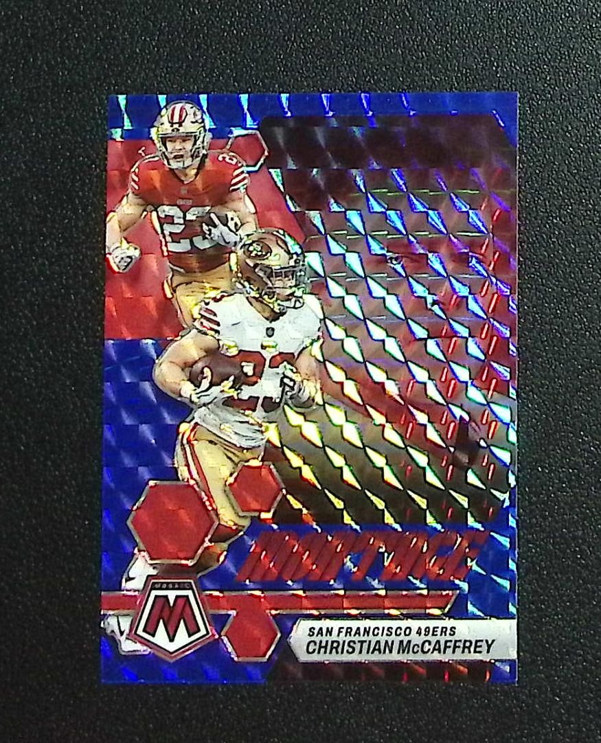 Christian McCaffrey Montage Blue Mosaic Prizm /99 2023 Mosaic #M-25 49ers: Panini, Donruss Optic, & Donruss Select, Prizm, Mosaic, Contenders, Zenith, Phoenix, Illusions, Absolute, Rookie NFL Sports Trading Cards, SP, SSP, Cards, Football Cards for Sale Near Me, Superbowl & 
