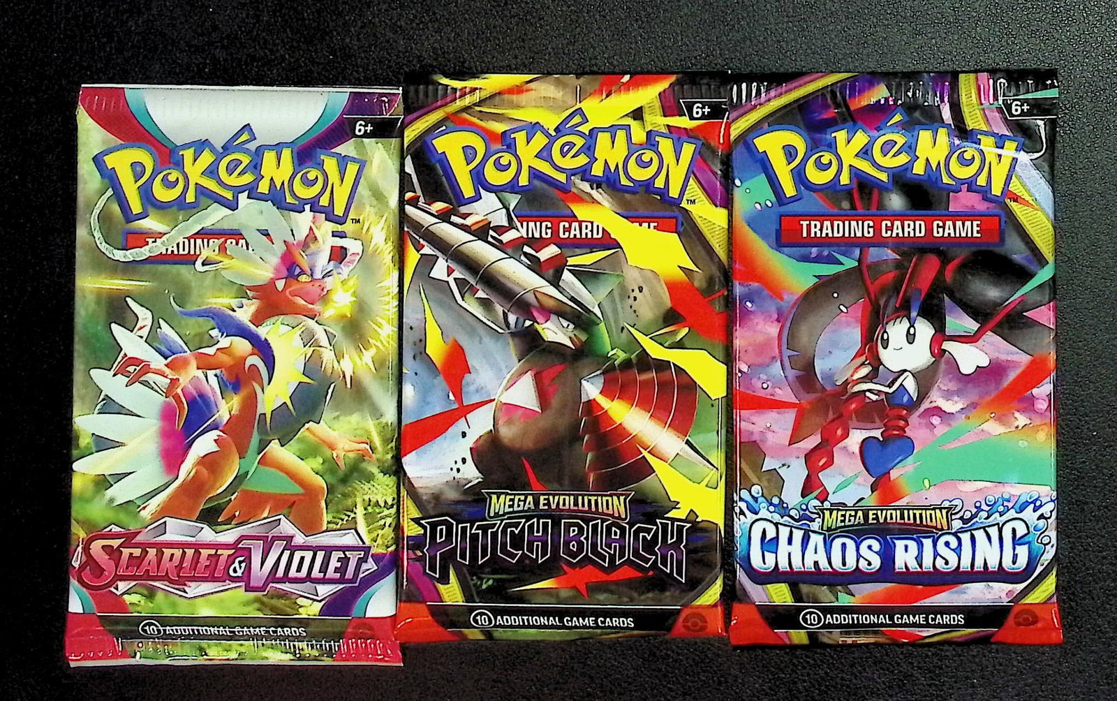 3 COUNT: 1 - Pokemon Chaos Rising, 1 - Perfect Order, 1 - Scarlet & Violet Booster Packs: Pokemon Trading Card Game Cards, Charizard, Pikachu, Mewto, EX, Referse Holo, Holo Rare Cards, Secret Rare Cards, Full Art Cards, Evee, 3 Stars Ultra Rare Cards, Double Rare, Illustration Rare, Specia