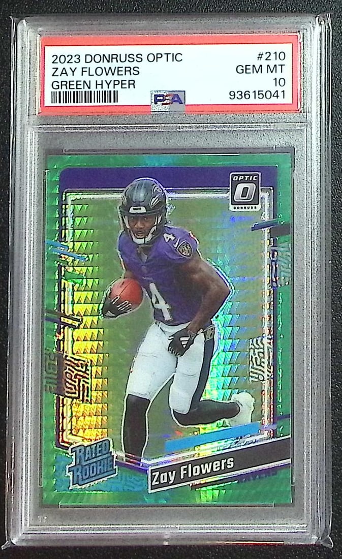 Zay Flowers Rookie Card Green Hyper 2023 Donruss Optic #210 PSA 10 Baltimore Ravens: Panini, Donruss Optic, & Donruss Select, Prizm, Mosaic, Contenders, Zenith, Phoenix, Illusions, Absolute, Rookie NFL Sports Trading Cards, SP, SSP, Cards, Football Cards for Sale Near Me, Superbowl & 