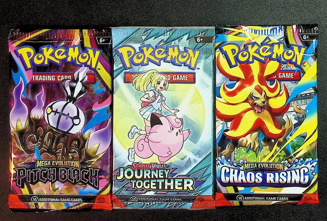 3 COUNT: 1 - Pokemon Chaos Rising, 1 - Journey Together, 1 - Pitch Black Booster Packs: Pokemon Trading Card Game Cards, Charizard, Pikachu, Mewto, EX, Referse Holo, Holo Rare Cards, Secret Rare Cards, Full Art Cards, Evee, 3 Stars Ultra Rare Cards, Double Rare, Illustration Rare, Specia