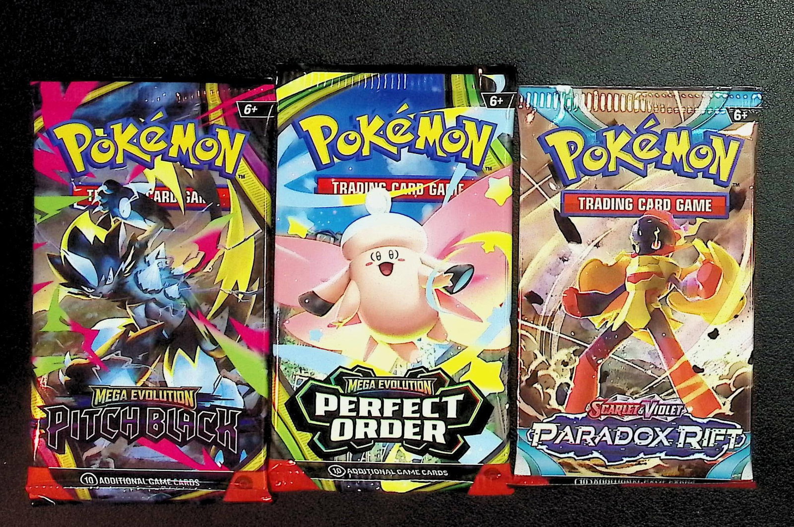 3 COUNT: 1 - Pokemon Paradox Rift, 1 - Pokemon Perfect Order, & 1 -Pitch Black Booster Packs: Pokemon Trading Card Game Cards, Charizard, Pikachu, Mewto, EX, Referse Holo, Holo Rare Cards, Secret Rare Cards, Full Art Cards, Evee, 3 Stars Ultra Rare Cards, Double Rare, Illustration Rare, Specia