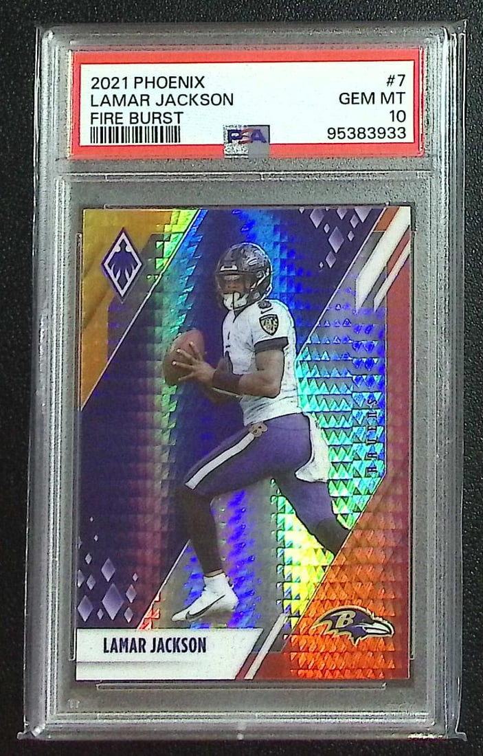 Lamar Jackson Fire Burst 2021 Panini Phoenix #7 PSA 10 Baltimore Ravens: Panini, Donruss Optic, & Donruss Select, Prizm, Mosaic, Contenders, Zenith, Phoenix, Illusions, Absolute, Rookie NFL Sports Trading Cards, SP, SSP, Cards, Football Cards for Sale Near Me, Superbowl & 