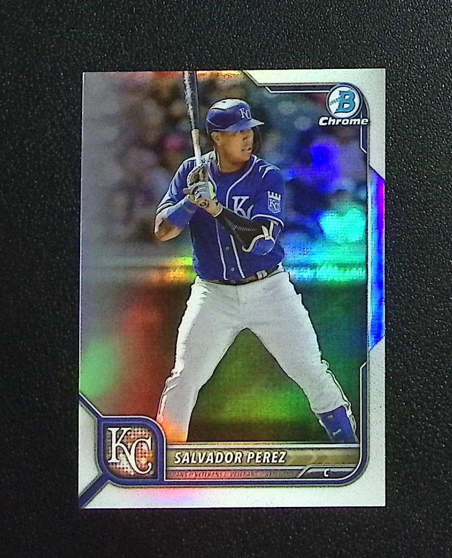 Salvador Perez Refractor /499 2022 Bowman Chrome #80 Kansas City Royals: Topps, Bowman, & Fanatics Baseball MLB Trading & Sports Cards, Sports Cards for Sale Near Me, World Series & Hall of Fame Players Memorabilia, Refractors, X-Fractors, Numbered, SP, SSP, Valuable Aucti