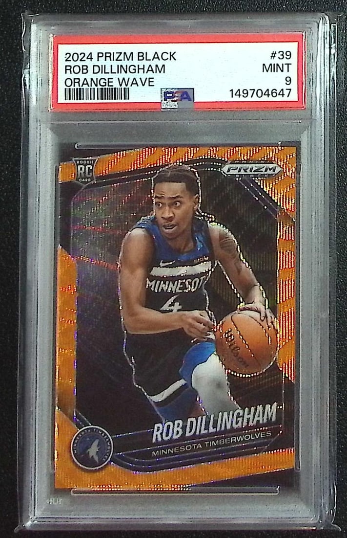 Rob Dillingham Rookie Orange Wave /60 2024-25 Prizm Black #39 PSA 9 Twolves, Bulls: Panini, Donruss Optic, Donruss Select, Prizm, Mosaic, Contenders, Revolution, Phoenix, NBA Hoops, Rookie NFL Sports Trading Cards, Silver, SP, SSP, Wave Prizms, Numbered Cards, Basketball sports Cards