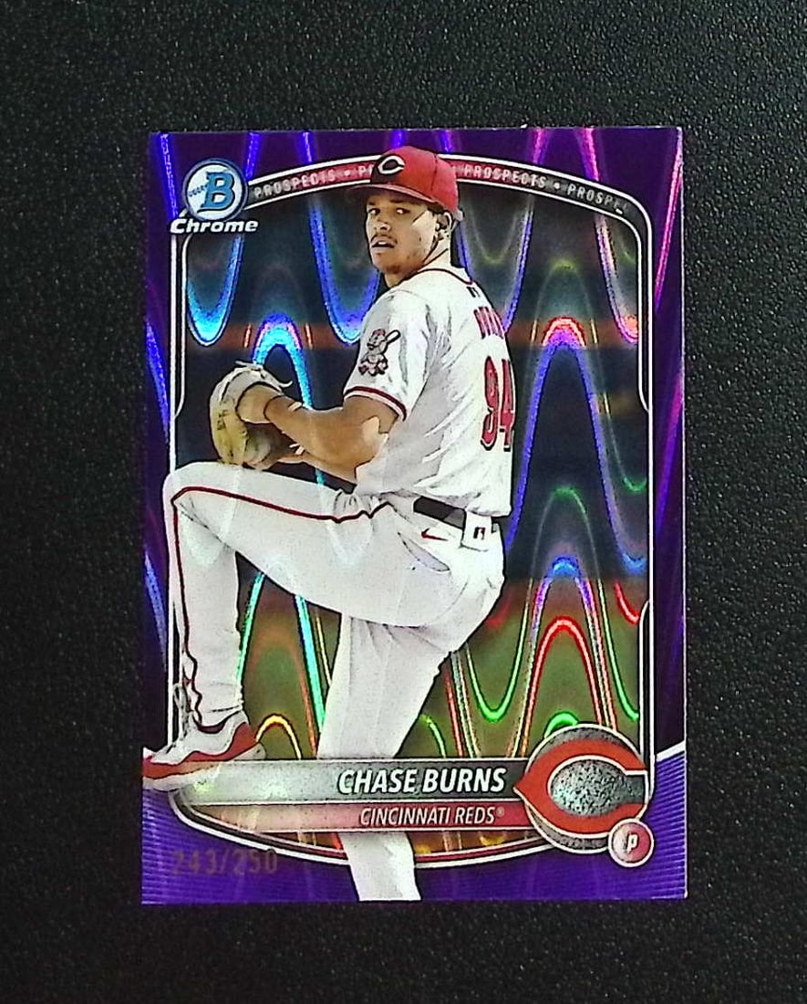 Chase Burns Prospects Purple Raywave Refractor /250 2025 Bowman Chrome #BCP-122: Topps, Bowman, & Fanatics Baseball MLB Trading & Sports Cards, Sports Cards for Sale Near Me, World Series & Hall of Fame Players Memorabilia, Refractors, X-Fractors, Numbered, SP, SSP, Valuable Aucti