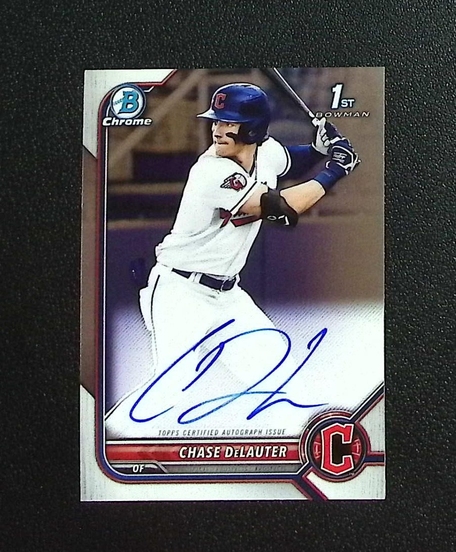 Chase DeLauter 1st Bowman Chrome Auto 2022 Bowman Chrome Draft #CDA-CD: Topps, Bowman, & Fanatics Baseball MLB Trading & Sports Cards, Sports Cards for Sale Near Me, World Series & Hall of Fame Players Memorabilia, Refractors, X-Fractors, Numbered, SP, SSP, Valuable Aucti
