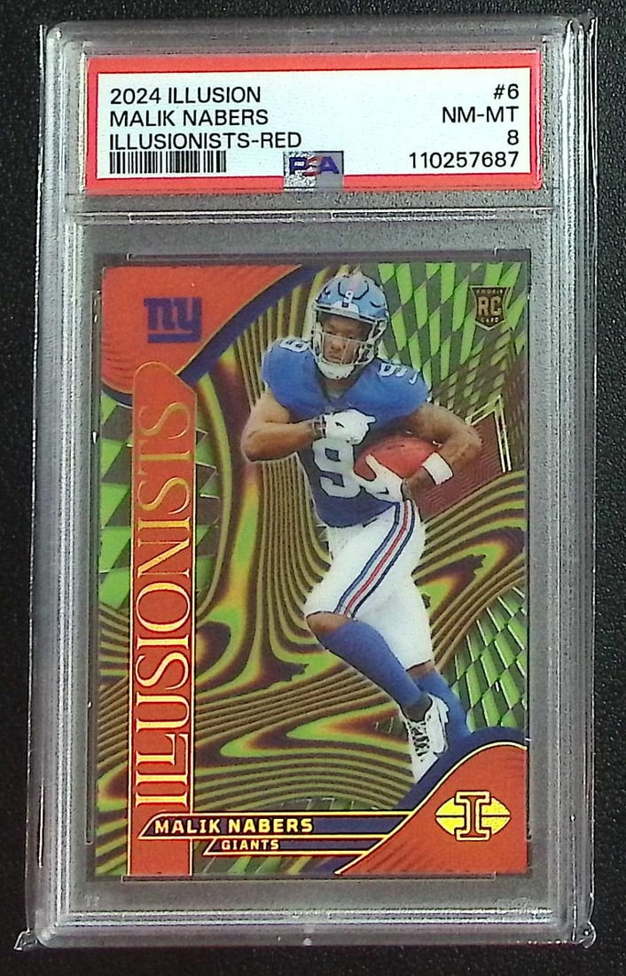 Malik Nabers Rookie Illusionists Red /199 2024 Illusions #6 PSA 8 New York Giants: Panini, Donruss Optic, & Donruss Select, Prizm, Mosaic, Contenders, Zenith, Phoenix, Illusions, Absolute, Rookie NFL Sports Trading Cards, SP, SSP, Cards, Football Cards for Sale Near Me, Superbowl & 
