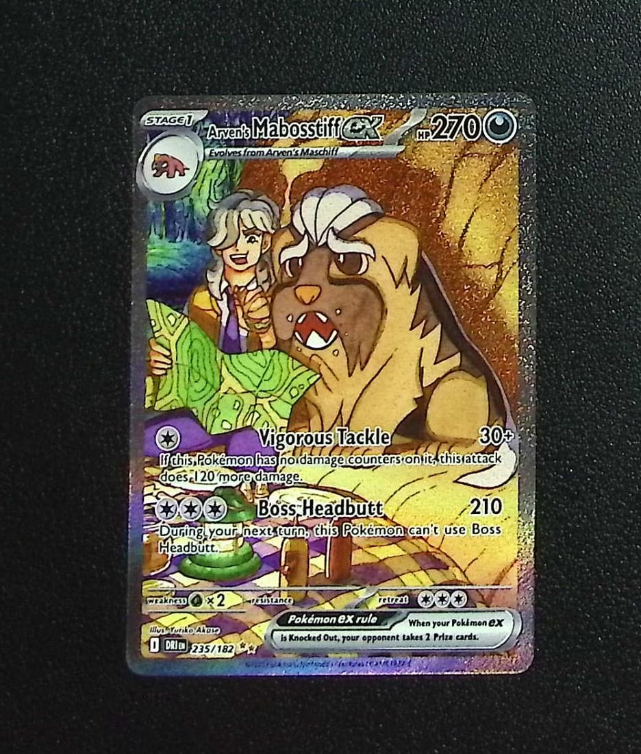 Pokemon Destined Rivals Arven's Mabosstiff Ex Special Illustration Rare #235: Pokemon Trading Card Game Cards, Charizard, Pikachu, Mewtwo, Reverse Holo, Holo Rare, Secret Rare Cards, Full Art Cards, Eevee, Ultra Rare Card, Illustration Rare, Special Illustration Rare SIR