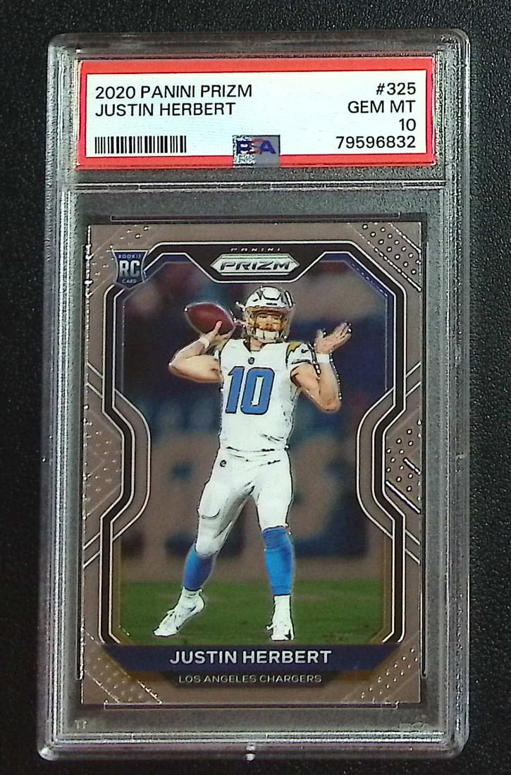 Justin Herbert Rookie Card 2020 Panini Prizm #325 PSA 10 Los Angeles Chargers: Panini, Donruss Optic, & Donruss Select, Prizm, Mosaic, Contenders, Zenith, Phoenix, Illusions, Absolute, Rookie NFL Sports Trading Cards, SP, SSP, Cards, Football Cards for Sale Near Me, Superbowl & 