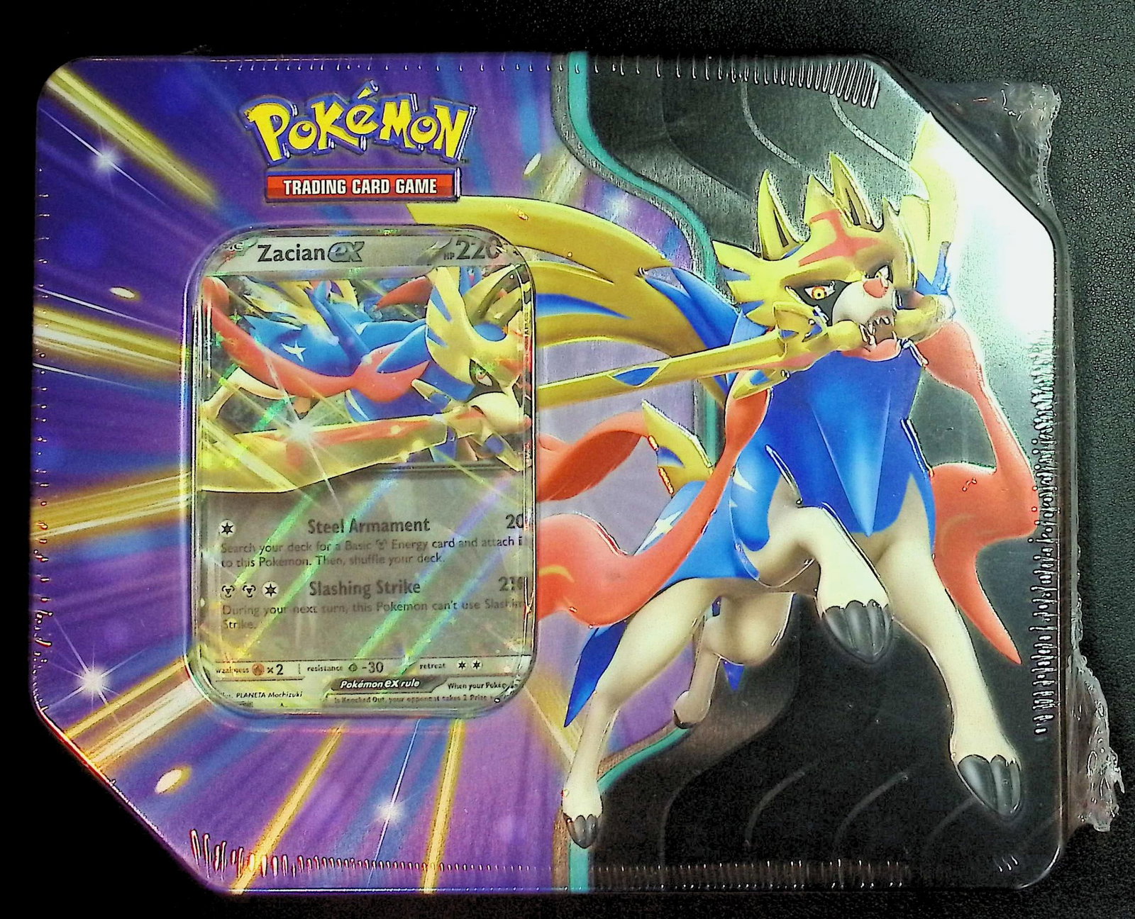 Pokemon Slashing Legends Tin (Zacian EX) Contains 5 Booster Packs: Pokemon Trading Card Game Cards, Charizard, Pikachu, Mewto, EX, Referse Holo, Holo Rare Cards, Secret Rare Cards, Full Art Cards, Evee, 3 Stars Ultra Rare Cards, Double Rare, Illustration Rare, Specia