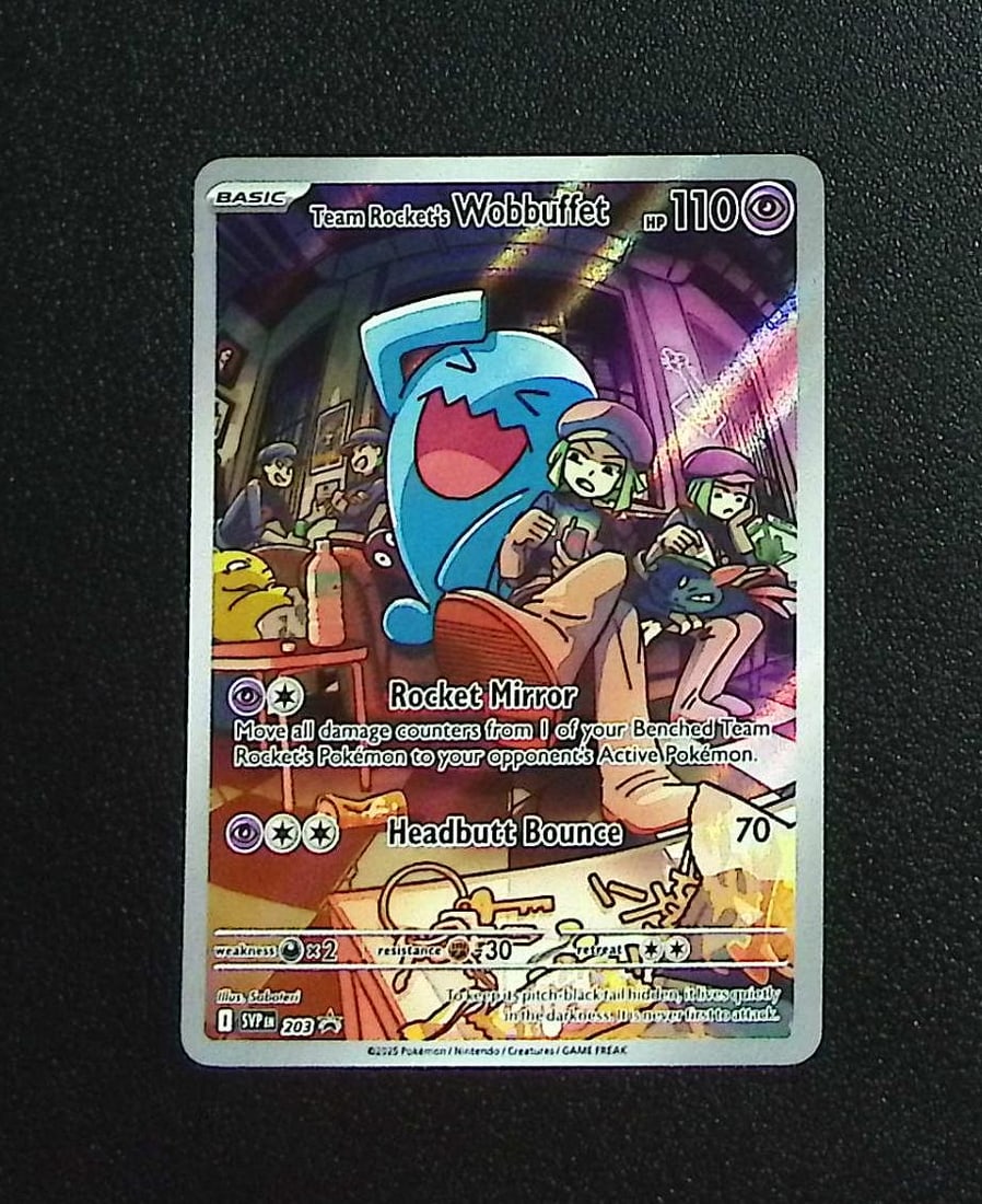 Pokemon Destined Rivals ETB Promo Team Rocket's Wobbuffet #203: Pokemon Trading Card Game Cards, Charizard, Pikachu, Mewtwo, Reverse Holo, Holo Rare, Secret Rare Cards, Full Art Cards, Eevee, Ultra Rare Card, Illustration Rare, Special Illustration Rare SIR