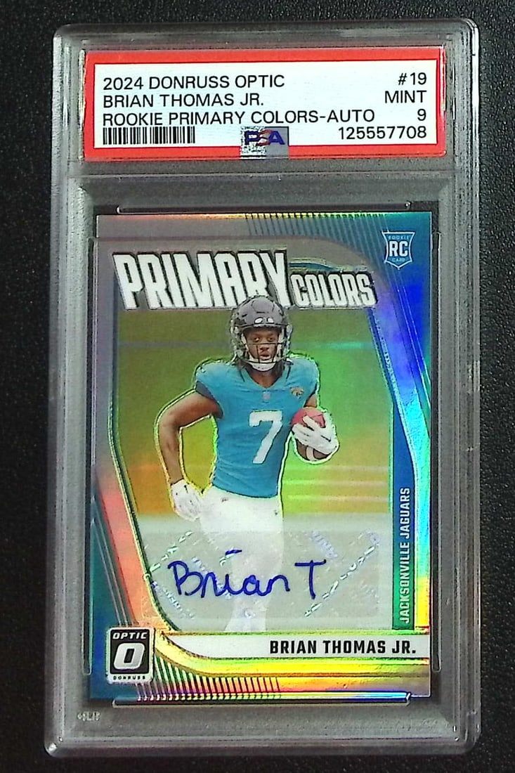 Brian Thomas Jr. Silver Rookie Auto /99 2024 Donruss Optic #19 PSA 9 Jaguars: Panini, Donruss Optic, & Donruss Select, Prizm, Mosaic, Contenders, Zenith, Phoenix, Illusions, Absolute, Rookie NFL Sports Trading Cards, SP, SSP, Cards, Football Cards for Sale Near Me, Superbowl & 