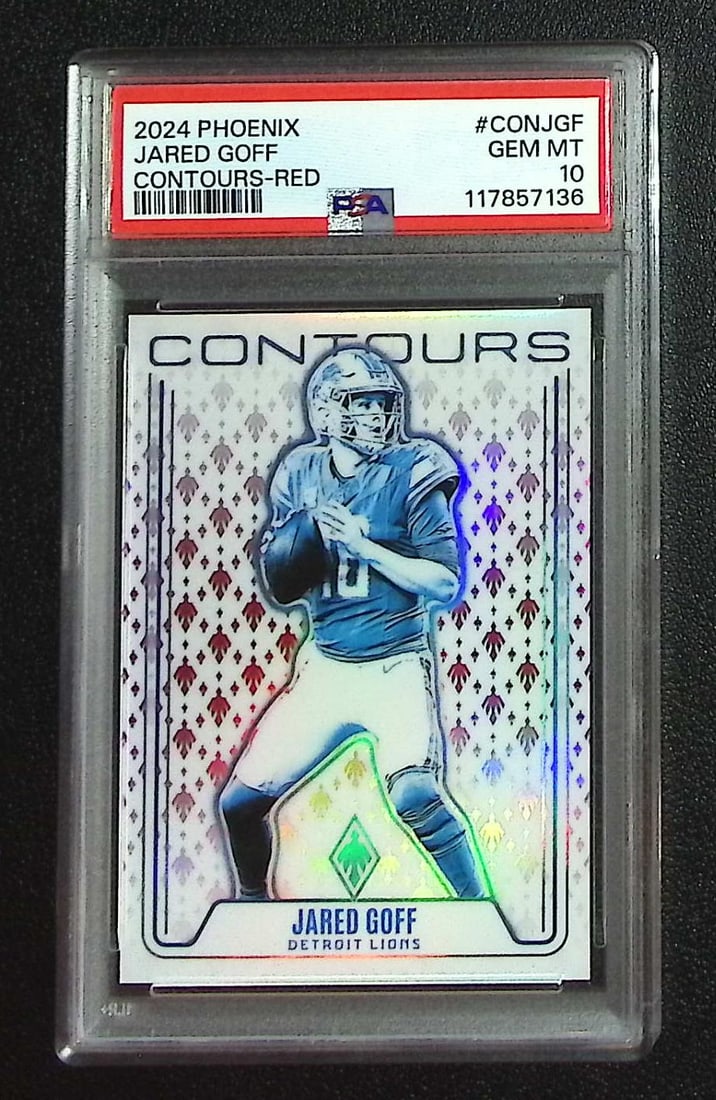 Jared Goff Contours Red /99 2024 Panini Phoenix #CON-JGF PSA 10 Pop 6. Detroit Lions: Panini, Donruss Optic, & Donruss Select, Prizm, Mosaic, Contenders, Zenith, Phoenix, Illusions, Absolute, Rookie NFL Sports Trading Cards, SP, SSP, Cards, Football Cards for Sale Near Me, Superbowl & 