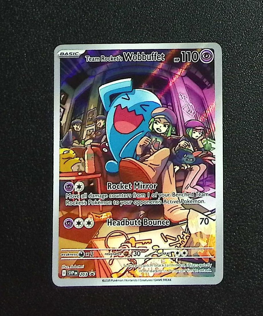 Pokemon Destined Rivals ETB Promo Team Rocket's Wobbuffet #203: Pokemon Trading Card Game Cards, Charizard, Pikachu, Mewtwo, Reverse Holo, Holo Rare, Secret Rare Cards, Full Art Cards, Eevee, Ultra Rare Card, Illustration Rare, Special Illustration Rare SIR
