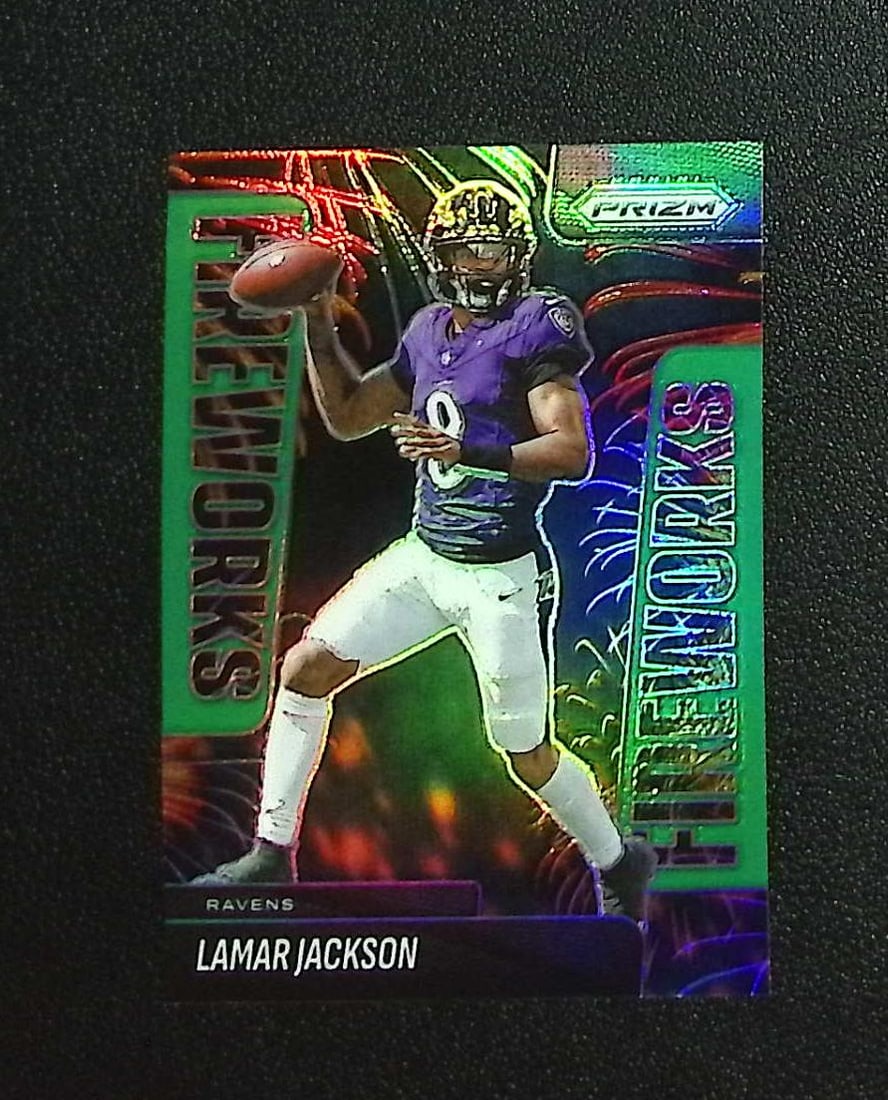 Lamar Jackson Fireworks Green Prizm 2025 Panini Prizm #22 Baltimore Ravens: Panini, Donruss Optic, & Donruss Select, Prizm, Mosaic, Contenders, Zenith, Phoenix, Illusions, Absolute, Rookie NFL Sports Trading Cards, SP, SSP, Cards, Football Cards for Sale Near Me, Superbowl & 