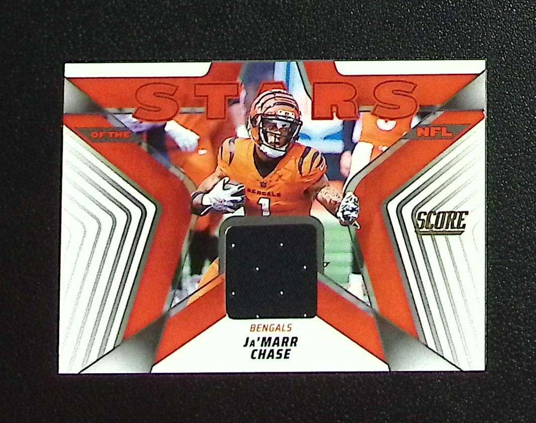 Ja'Marr Chase Patch 2025 Panini Score #SNJ-JCE Cincinnati Bengals: Panini, Donruss Optic, & Donruss Select, Prizm, Mosaic, Contenders, Zenith, Phoenix, Illusions, Absolute, Rookie NFL Sports Trading Cards, SP, SSP, Cards, Football Cards for Sale Near Me, Superbowl & 