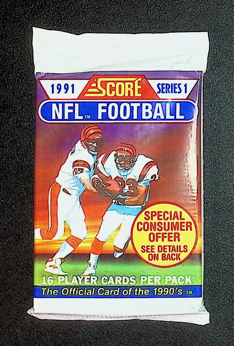 1991 Score Series 1 Vintage Football Card Retail Box Pack Sports Cards Brett Favre Rookie Card: Score Vintage Football Rookie NFL Trading & Sports Cards, Brett Favre Rookie Card, Emmitt Smith, Bo Jackson, Barry Sanders, Joe Montana, Jerry Rice, Old Sports Cards for Sale Near Me, Super Bowl & Hal