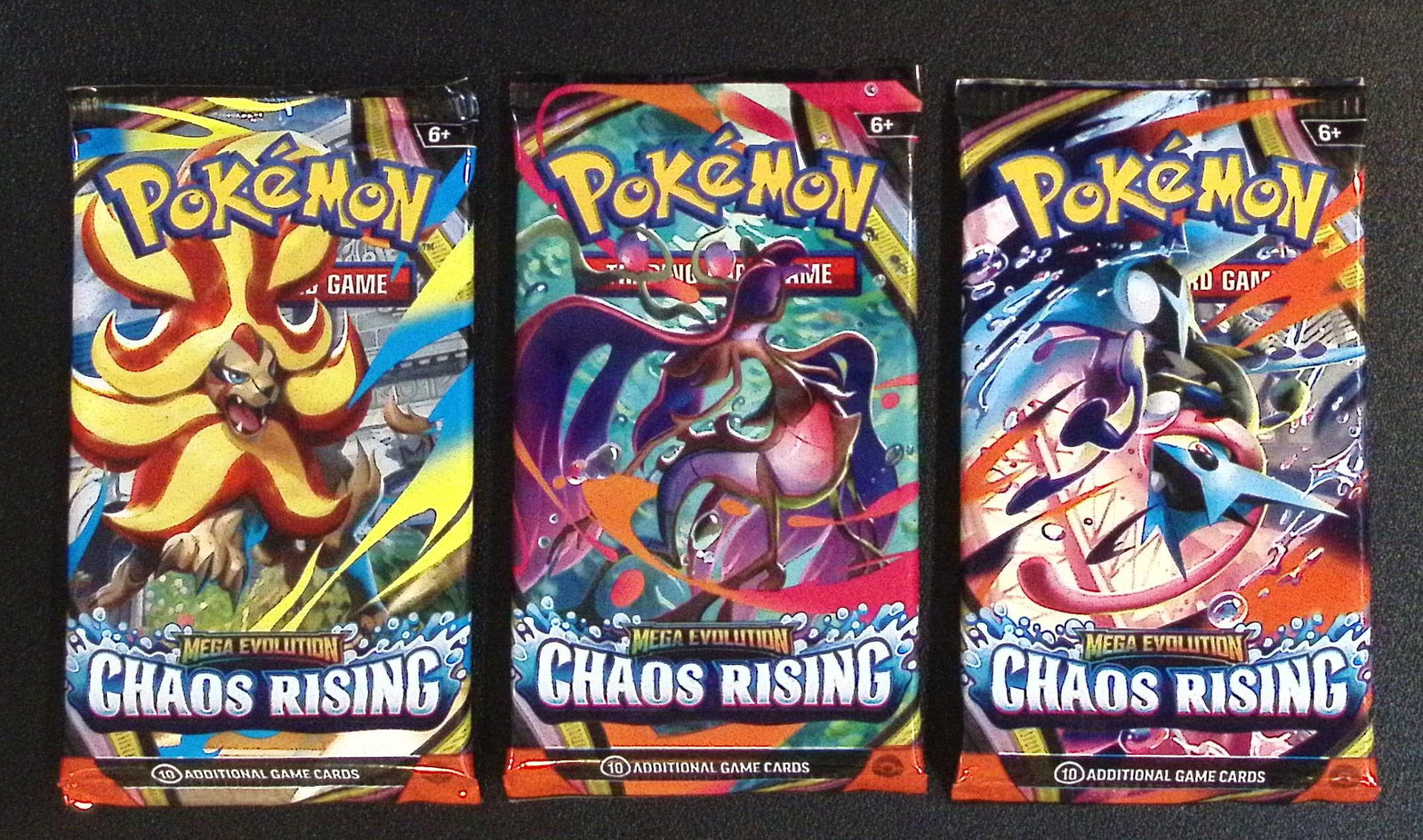 Lot of 3 Pokemon Chaos Rising Booster Packs: Pokemon Trading Card Game Cards, Charizard, Pikachu, Mewtwo, Reverse Holo, Holo Rare, Secret Rare Cards, Full Art Cards, Eevee, Ultra Rare Card, Illustration Rare, Special Illustration Rare SIR