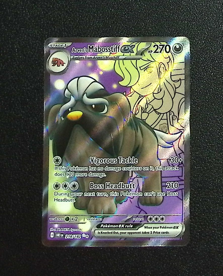 Pokemon Destined Rivals Arven's Mabosstiff Ex Ultra Rare #218: Pokemon Trading Card Game Cards, Charizard, Pikachu, Mewtwo, Reverse Holo, Holo Rare, Secret Rare Cards, Full Art Cards, Eevee, Ultra Rare Card, Illustration Rare, Special Illustration Rare SIR
