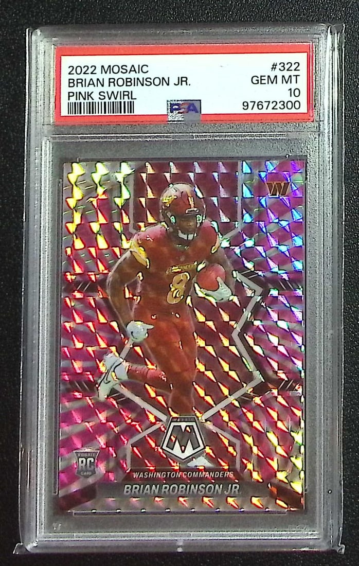 Brian Robinson Jr. Rookie Pink Swirl /11 2022 Mosaic #322 PSA 10 Pop 2: Panini, Donruss Optic, & Donruss Select, Prizm, Mosaic, Contenders, Zenith, Phoenix, Illusions, Absolute, Rookie NFL Sports Trading Cards, SP, SSP, Cards, Football Cards for Sale Near Me, Superbowl & 